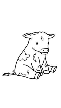 a black and white drawing of a cow sitting on the ground with its legs crossed