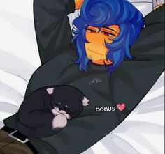 a man with blue hair laying on top of a bed next to a black cat