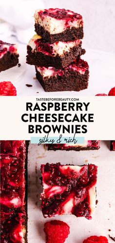 raspberry cheesecake brownies are stacked on top of each other