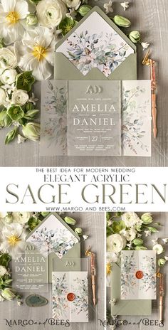 wedding stationery with flowers and greenery on the front, in green and white