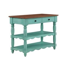 a blue table with two drawers on one side and an open shelf on the other