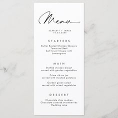 a white menu card with black writing on the front and bottom, along with an elegant calligraphy font