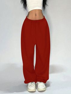 Women's Solid Color Elastic Waist Loose Casual Sweatpants , Baggy Pants Red    Fabric Plain Straight Leg Slight Stretch  Women Clothing, size features are:Bust: ,Length: ,Sleeve Length: