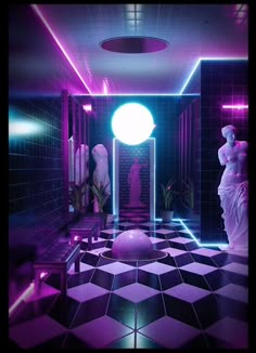 a room with black and white tiles, purple lighting and statues