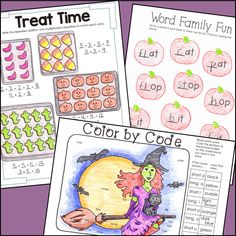 halloween themed color by code worksheets for kids to practice counting and addition skills