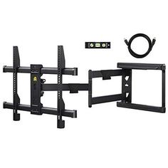 two black tv wall mount brackets with one arm extended and the other hand on it's side