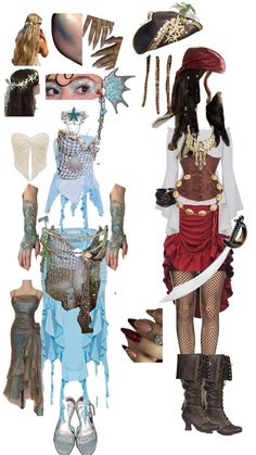 a collage of different costumes and accessories including hats, gloves, boots, scarves