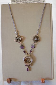 Handcrafted Necklace Steampunk Inspired Unique One of a - Etsy Unique Locket Necklace, Vintage Upcycling, Unique Locket, Purple Accents, Handcrafted Necklace, Upcycled Vintage, Locket Necklace, Glass Pendants, Vintage Watches