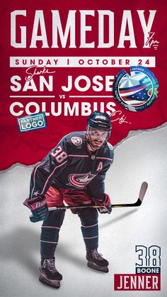 an advertisement for a hockey game with a player on the ice and in front of a red background