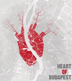 a map of the heart of budapest, with red lines on it and text that reads heart of budapest