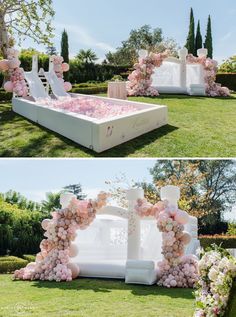 an outdoor wedding ceremony setup with flowers and petals in the shape of a heart, surrounded by lush greenery