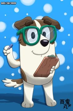 a cartoon dog wearing glasses and holding a book