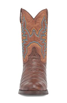 Alligator embossing and embroidered flames kick up the fun of a cowboy boot made of soft leather with a stacked heel and roomy toe comfortably grounding every step. Pull-on style Leather upper/synthetic lining and sole Imported Western Leather Boots With Crocodile Pattern, Brown Crocodile Pattern Snip Toe Boots, Western Boots With Crocodile Pattern And Round Toe, Embroidered Flames, Trail Boss, Brown Fits, Mens Cowboy Boots, Cowboy Boot, Nordstrom Store