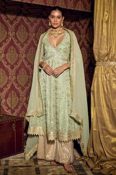 Pistachio green anarkali with floral lace embroidery. Paired with a palazzo and dupatta. - Aza Fashions Festive Green Floor-length Churidar, Green Floor-length Traditional Wear For Navratri, Pista Green Lehenga With Dabka Work For Eid, Festive Green Floor-length Dupatta, Pista Green Anarkali Set Floor-length, Green Anarkali Sharara For Festive Occasions, Pista Green Floor-length Sets With Zari Work, Pista Green Floor-length Anarkali Set, Diwali Green Anarkali Set With Resham Embroidery