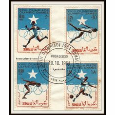 stamps depicting olympic games in different languages, including one with the image of a man jumping