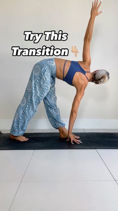 a man and woman doing yoga poses with the words try this transition on top of them