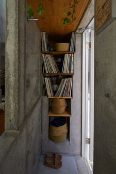 a long shelf filled with lots of records next to a door and window sill