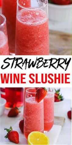 strawberry wine slushie in glasses with strawberries