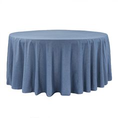 a round table with a blue cloth on it