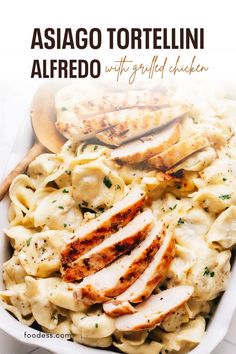 chicken alfredo in a white bowl with text overlay