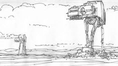 a drawing of a robot standing in the desert