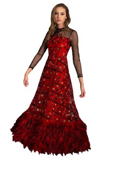 A-line Floor Length  Gown Red Embroidered Long Sleeve Gown, Red Floral Embroidered Evening Dress, Red Floor-length Gown With Floral Embroidery, Elle Model, Red Floral Embroidered Floor-length Gown, Sequins Gown, Red Embellished Sequin Fabric, Glamorous Style, Fancy Outfit, Beaded Wedding Dress