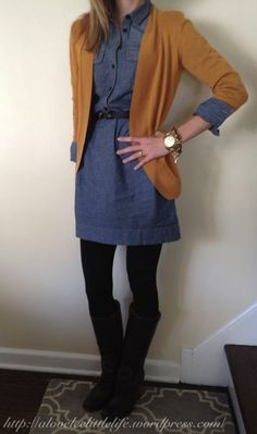 What To Wear With Navy Blue Blazer Women, Rust Outfits For Women, Mom Clothes, Teacher Wardrobe, Work Clothing, Fall Clothes, Denim Shirt Dress