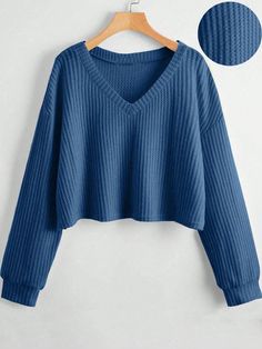 Women's Casual Solid Color Dropped Shoulder Cropped T-Shirt, Autumn Blue Casual  Long Sleeve Knitted Fabric Plain  Non-Stretch  Women Clothing, size features are:Bust: ,Length: ,Sleeve Length: Sweater Off Shoulder, Clothes Stickers, Autumn Blue, Contrast Collar, Cropped T Shirt, Women's Shapewear, Blue Sweater, Fall Style, Inspiration Mode