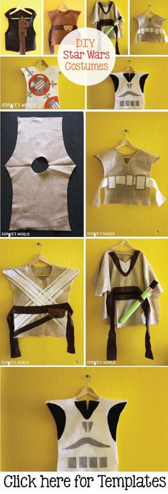 the instructions for how to make star wars costumes with paper and scissors on a yellow background