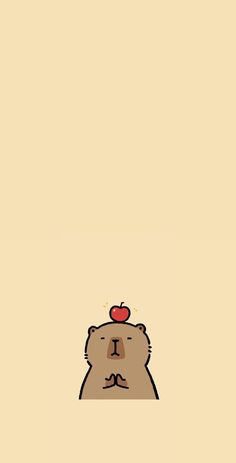 a brown bear with an apple on top of it's head in front of a beige background