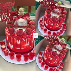 two pictures of a red cake with candles and decorations on it, one is for someone's birthday