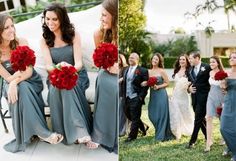 the bridesmaids are all dressed in gray dresses and red bouquets at their wedding