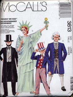 three men and one woman in costumes with the statue of liberty