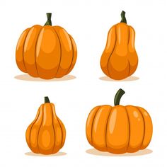 four orange pumpkins with different shapes and sizes