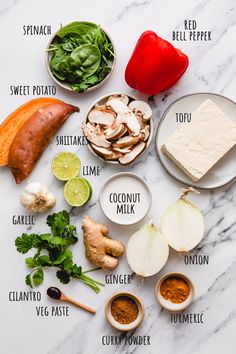 ingredients to make thai soup laid out on a white marble counter top with text describing the ingredients