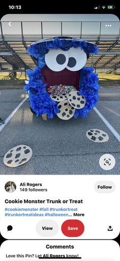 the cookie monster truck is decorated with blue flowers