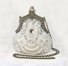 Gorgeous wedding bridal Art Deco clutch evening bag. Elegant Art Deco inspired sparkling purse will be perfect for your Art Deco Old Hollywood Gatsby themed wedding and semi-formals. This Art Deco beaded sequin 1920 inspired Flapper purse comes with a removable chain so you can wear it over t... Art Deco Bag, Art Deco Clutch, Bridal Clutch, Kelly Bag, Womens Purses