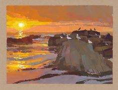 a painting of seagulls sitting on the rocks at sunset