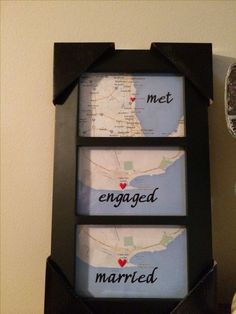 a couple of framed pictures with the words engaged and married written on them next to a map