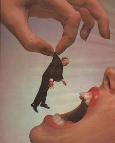 two hands reaching for a miniature man's teeth with another hand over the mouth