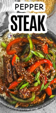 beef steak with peppers and rice in a skillet on top of a white table