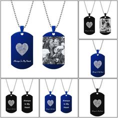 four different styles of dog tags with the same photo on one side and two hearts on the other