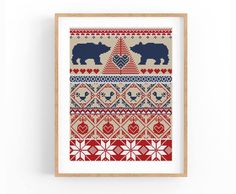 a cross stitch pattern with two bears and hearts on the bottom, in red, white and blue