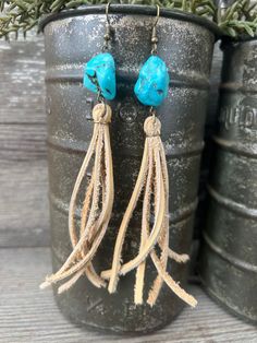 One pair of Real Deerskin Leather Tassel earrings with Bronze chain. Lead & Nickel Free Hardware. Turquoise Fringe Tassel Drop Earrings, Adjustable Fringe Tassel Dangle Earrings, Turquoise Tassel Drop Earrings, Elegant Turquoise Tassel Fringe Earrings, Elegant Turquoise Tassel Earrings With Fringe, Handmade Turquoise Tassel Earrings, Elegant Turquoise Earrings With Fringe, Turquoise Fringe Earrings As Gift, Leather Fringe Earrings