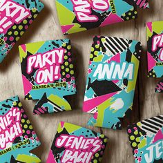 several coasters that say party on and are decorated with pop art style design elements