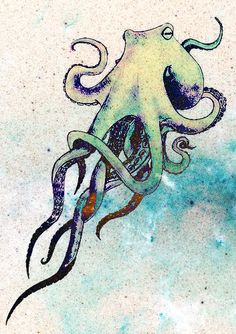 an octopus is floating in the air with watercolors on it's back