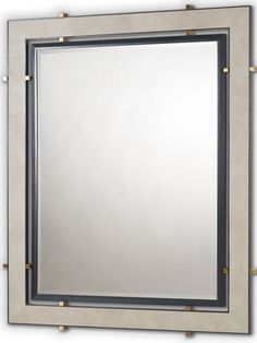 a mirror that is on the wall with gold trimmings and metal bars around it