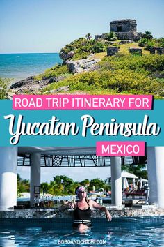 mexico road trip itinerary in the yucatan peninsula including stops like Cancun Mexico and the best Mexico landmarks like Chichen Itza Cancun All Inclusive Resorts, Mexico Cenotes, Tulum Cenotes, Beaches In Mexico, Best Beaches In Mexico, Tulum Resorts, Tulum Vacation