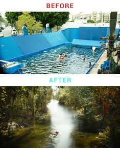 before and after photos of a swimming pool