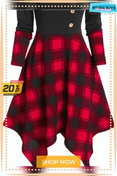 Casual Cowl Neck Checked/plaid Long Sleeve Knitting Dress Day Dresses Casual Summer, Dress Grunge, Asymmetrical Dresses, Cheap Dresses Casual, Red Plaid Dress, Summer Plaid, Dress Tight, Handkerchief Dress, Dress Winter